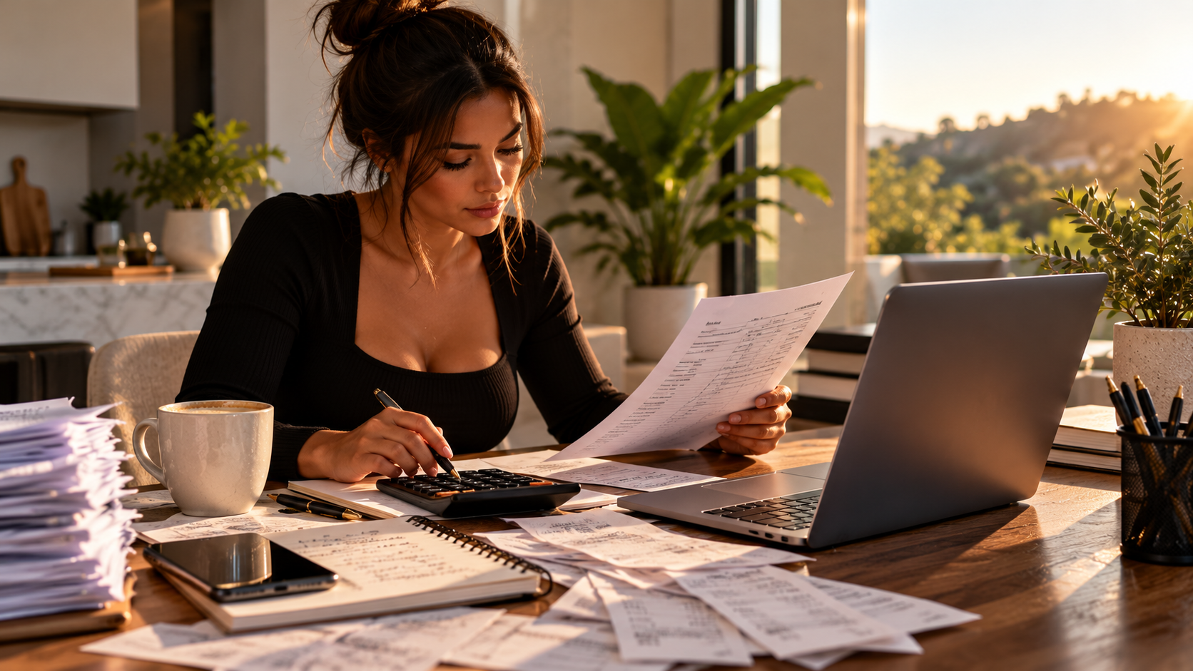 Business owner reviewing bookkeeping records with a calculator beside a laptop